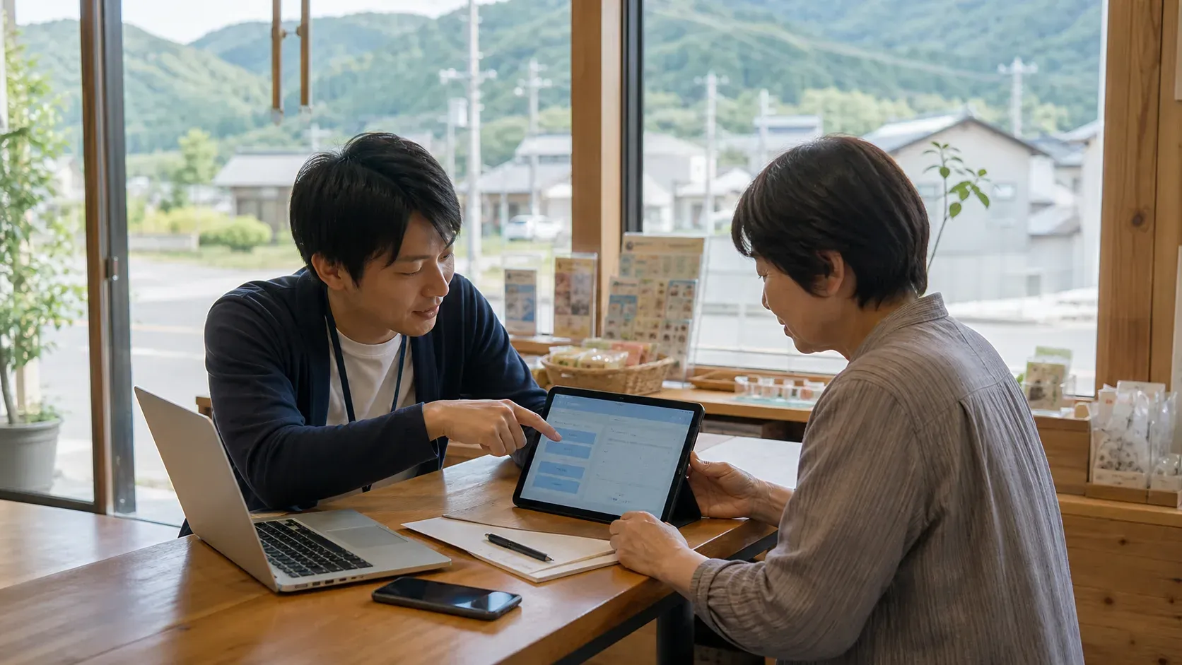 地域の方とタブレットを見ながらデジタル活用を確認する活動イメージ